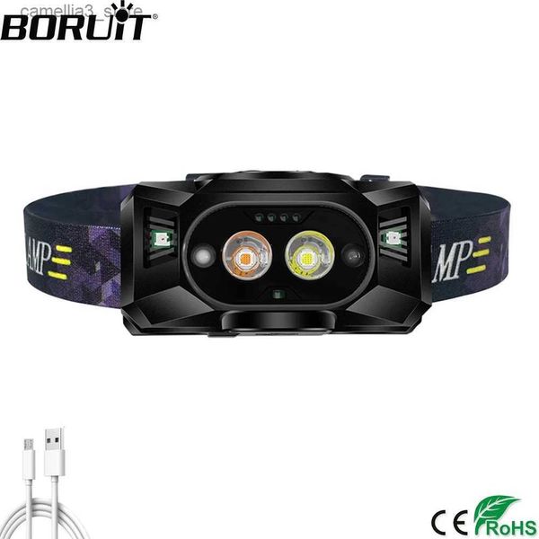 Lámparas de cabeza BORUiT LED faro sensor faro USB recargable impermeable potente antorcha de flash al aire libre para pesca camping uso de emergencia Q231013