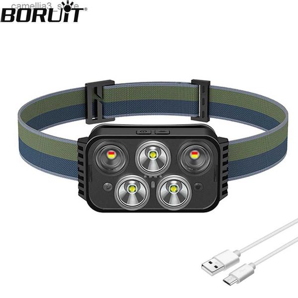 Lámparas de cabeza BORUiT TD166 LED Sensor Faro Potente Lámpara de cabeza 6 modos USB Recargable Faro impermeable Camping al aire libre Uso de emergencia Q231013