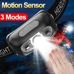 Head lamps Mini lampe frontale LED Portable 3 Modes capteur de mouvement phare USB charge lumières lumineuses lampe étanche Camping pêche tête torche P230411