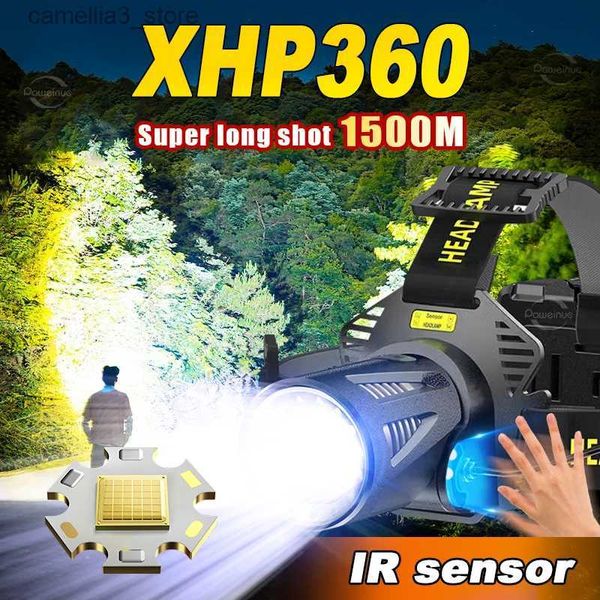 Lámparas de cabeza El más nuevo Super High Potente XHP360 Pesca Faro USB Luz recargable Linterna de cabeza 18650 Sensor de faro Linterna de cabeza Q231013