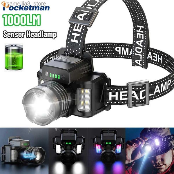 Head lamps LED très brillante phare USB Rechargeable phare rouge/blanc/bleu lumière lampe frontale Zoom phare étanche pour l'extérieur Q231013