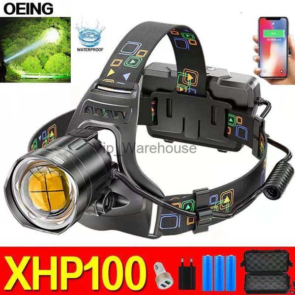 Head lamps Super lumineux XHP100 phare LED phare de pêche Zoom télescopique IP65 étanche avec affichage de charge lumière de Camping en plein air HKD230922