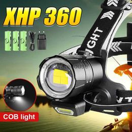 Hoofdlampen Super XHP360 Krachtige koplamp 18650 USB oplaadbare LED-hoofdlamp 4 modi Krachtige koplamp IPX6 Waterdichte hoofdzaklamp HKD230922