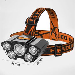 Lámparas de cabeza USB recargable batería incorporada 5 LED fuerte faro súper brillante linterna montada en la cabeza al aire libre recargable pesca nocturna