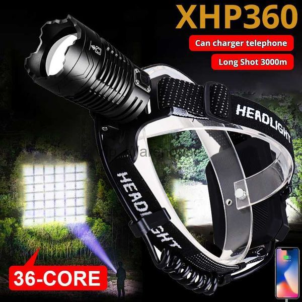 Lámparas de cabeza XHP360 Linterna frontal LED más potente con zoom Faro de 36 núcleos USB recargable 7800 mah Batería Linterna para cabeza Lámpara para peces para acampar HKD230922