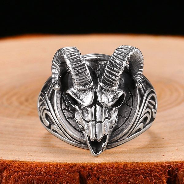 Anillo de cabeza de Plata de Ley 925, anillo de calavera de oveja malvada de Hip Hop, anillo de sello vikingo Vintage de Animal esqueleto, joyería de motorista
