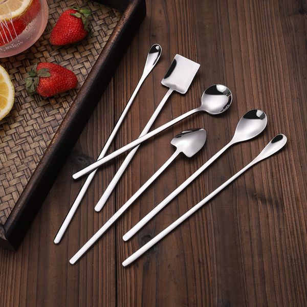 Pala para la cabeza Cuchara con mango largo Acero inoxidable brillante Hogar Cocina Comedor Cubiertos Fideos Helado Postre Cucharas Cubiertos Herramienta