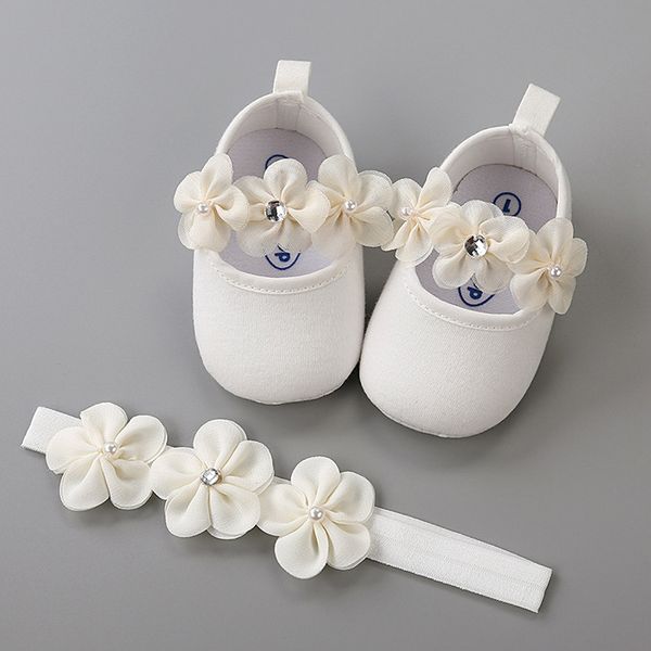 Bandeau Coton Semelle Souple Fleur Chaussures Ensemble Pour Nouveau-Né Bébé Fille Lit De Baptême Chaussures Baptême Fille Mignon Ivoire Premiers Marcheurs 210312