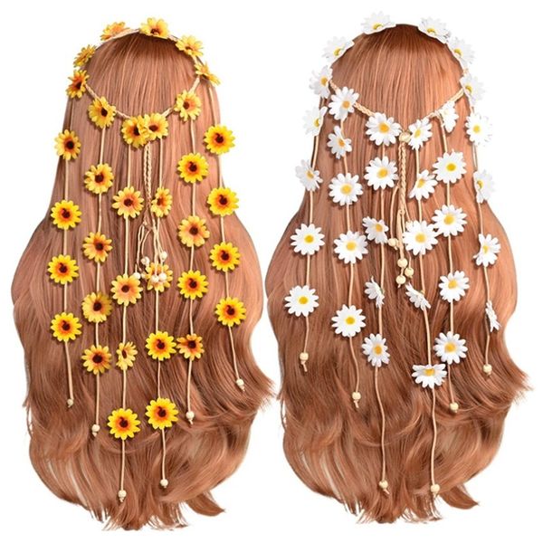 Bandeaux 2 Pcs Fleur Hippie Bandeau Floral Couronne D'été De Tournesol Cheveux Accessoires Pour 70 S Bohème Costumes Style 230615