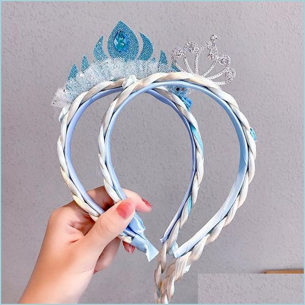 Diademas Princesa azul Corona Copo de nieve Diadema Granadina Nudo de lazo Postizo Trenza Anillo para el cabello Banda Aro Niños Niñas Cosplay Joya Dh7O0