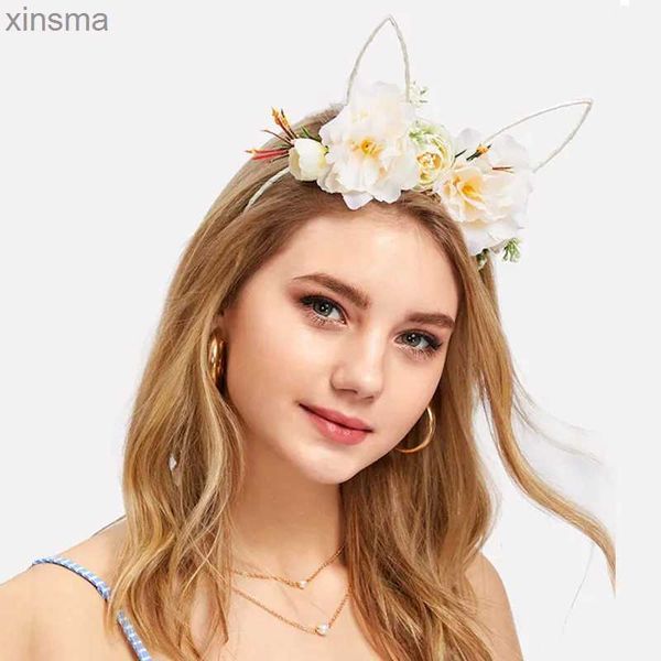 Chat licorne oreilles de lapin bandeau fleur bandeaux femmes filles cheveux accessoires fête mariage mariée Mujer bijoux pince à cheveux 2023 YQ240116