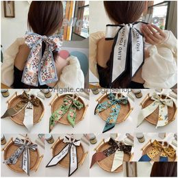 Hoofdbanden Mode Korea Lange Lint Parels Haarbanden Boog Scrunchies Voor Vrouwen Meisjes Zomer Bloemenprint Pontail Ties Haren Drop del Dhxop