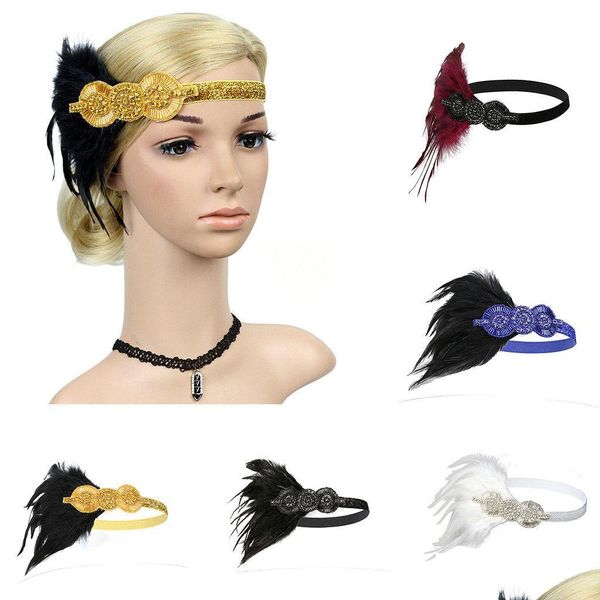 Bandeaux Mode Vintage Haeadbands Pour Femmes Avec Strass Années 1920 Élégant Paillettes Flapper Plume Casque Élastique Bandeau Hea Dhiei