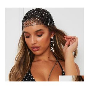 Diademas Moda Mujeres Bling Rhinestone Head Bufanda Turbante Sombrero Diadema Crystal Mesh Cap Hair Snood Nets Headwear Headwear Accessor DH9WS