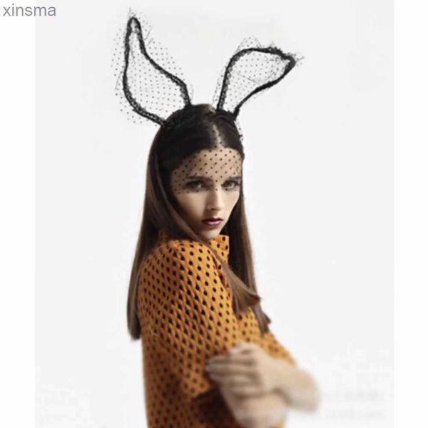 Diademas Moda Mujer Niña Diademas Encaje Conejo Orejas de conejito Velo Máscara de ojos negra Fiesta de Halloween Accesorios para el cabello Orejas de gato 1 pieza YQ240116