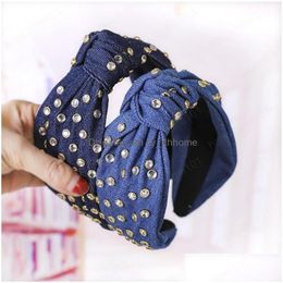 Hoofdbanden Fashion Women Hoofdband Shining Rhinestone Haarband Blue Denim Doek Hoofdkleding Haaraccessoires Groothandel Drop Delivery Jood Dhnzy