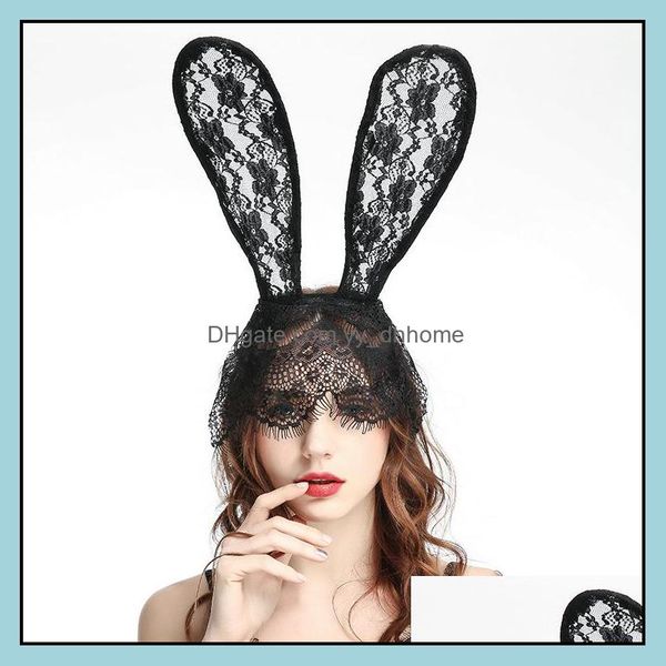 Diademas Joyas para el cabello Fashion Women Girl Bands Lace de conejo Conejito orejas Velo de la máscara de ojo negro Halloween Party, accesorios para la fiesta de la fiesta, caída