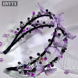Bandons Hnyyx Purple Diamond Wide Hair Double Ramed Crystal Cice avec Butterfly Wedding Bride Hair Accessories A160 Q240506