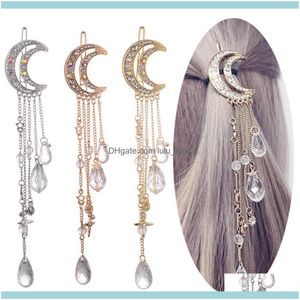 Diademas Jewelryfashion Mujeres elegantes Bandas Lady Moon Rhinestone Crystal Tassel Granos de cadena larga Cuelga Pin Clip Joyas para el cabello Entrega de la gota
