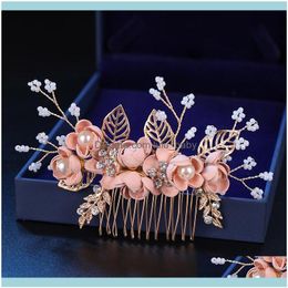 Hoofdbanden Sieraden Fashion Pink Blue Flower Pins Pearls Rhinestone Combs Prom Bridal Wedding Aessories Gold Bladeren Haar sieraden Drop levering