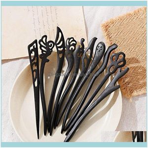 Hoofdbanden JewelryRetro Chinese stijl bloem houten pin handgemaakte holle gesneden zwarte sticks voor vrouwen haar aessories sieraden drop levering 2021
