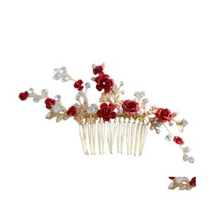 Hoofdbanden Jonnafe Red Rose Floral Headpiece For Women Prom Bruidaal Haar Comb Accessoires Handgemaakte bruiloftsjuwelen 1854 T2 Drop Lever DHMA0