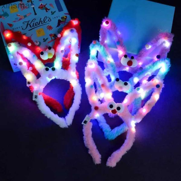 Diademas Diadema larga con orejas de conejo 14 Lámpara LED intermitente Lámpara de cadena colorida Diadema luminosa Fiesta de cumpleaños Navidad Pascua Aro esponjoso YQ240116