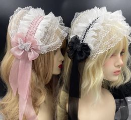 Hoofdbanden Lovely Headband Cosplay Anime Gothic Lolita Maid Lace Hoofdband Vrouwen Girls Ruches Lace Flower Borduurwerk Haarband Kiefaardige Hair Hoop Accessoire