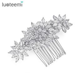 Bandons Luoteemi Luxury Wedding CZ CHEAUR CHEUR Large Crystal Flower Cumbic Zirconia Bridal Hair Peig Pin Pin ACCESSOIRES ÉLÉGANTES FEMMES Q240506