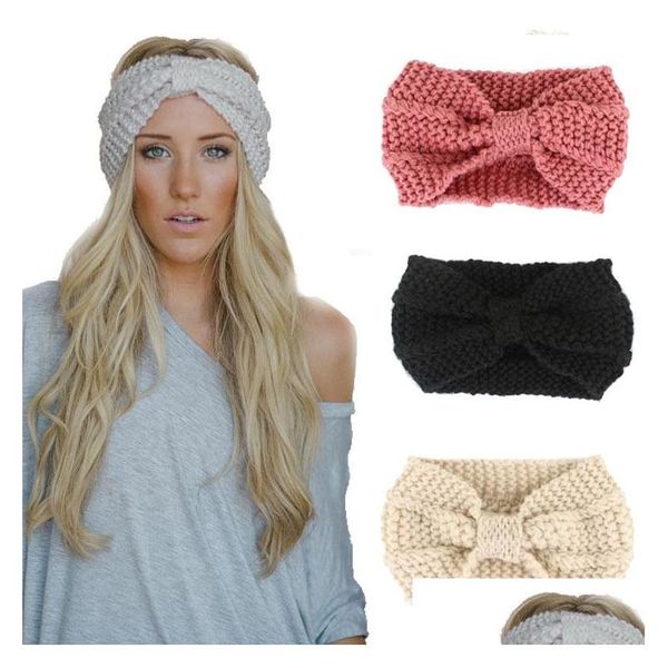 Bandeaux Nouveau Designer Femmes Solide Cloghet Noeud Noeud Turban Tricoté Tête Wrap Bandeau Hiver Oreille Chaud Bandeau Bande De Cheveux Accessoire Dhau4