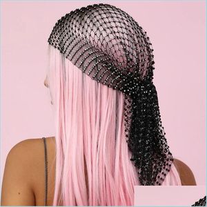 Diademas Nuevas Mujeres Bling Rhinestone Head Bufanda Turbante Sombrero Diadema Crystal Mesh Cap Hair Snood Nets Headwear Acce Dhzyl