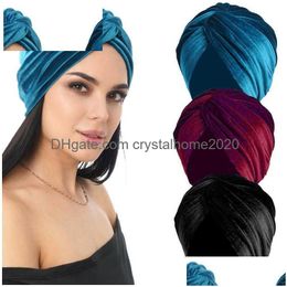 Bandeaux Nouveau Femmes Veet Turban Chapeau Doux Stretch Cross Twist Cap Musulman Foulard Femme Élégant Couleur Solide Chemo Accessoires De Cheveux Dh5Xi