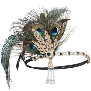 Bandeaux Autres accessoires de mode Bandeau en plumes de paon 1920 Flapper Girl Headpiece avec pompon Vintage Party Pography Accessoires pour cheveux 230918