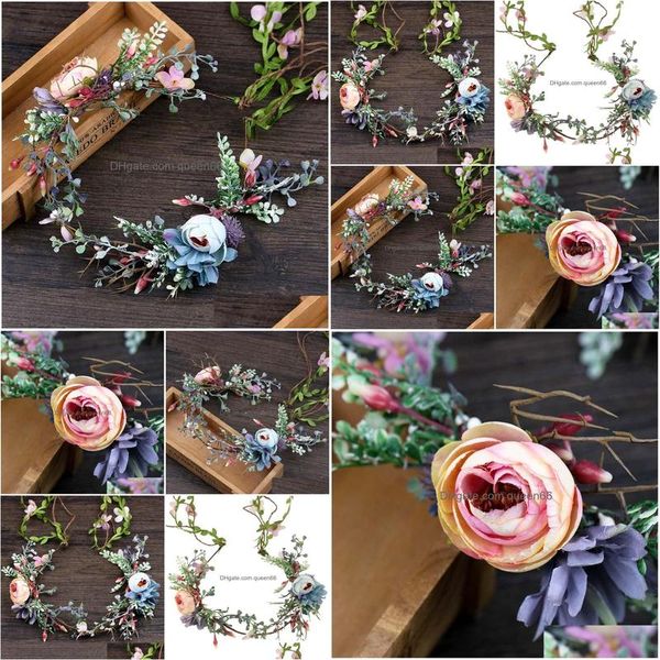 Bandons rose Blue Flower Hair Bijoux artificiel Tiare Band Bridal Bridal Summer Couronne d'été accessoires pour femmes Vl Drop D Dhyup