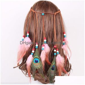 Diademas Color puro Pluma Colorf Cuerda para el cabello Estilo indio Bandas para el cabello tejidas 7 colores Venta al por mayor Joyería de entrega de gota Hairjewelry Dhguc