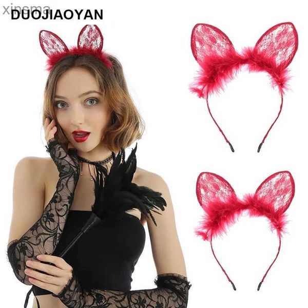 Diademas Diadema con orejas de gato y conejo de encaje de felpa roja diadema de animales accesorios para el cabello Halloween Pascua YQ240116