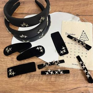 Hoofdbanden Retro Black Cross Star Hoofdband haarspeld zij Banger Classic Velvet Hair Clip met diamant eendbill clip haaraccessoires Y240417