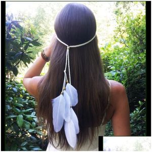 Hoofdbanden Romani witte veren hoofdbanden Boho bruiden haar touw kraal Longe geweven mooie drop levering sieraden haarsieraden Dhxtb