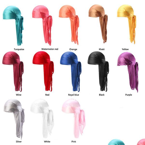 Diademas Venta al por mayor Durag Hombres Color sólido Seda Durags Mujeres Turbante transpirable Moda Bandas para el cabello 13Pcspackage 221107 Drop Delivery J Dhdco