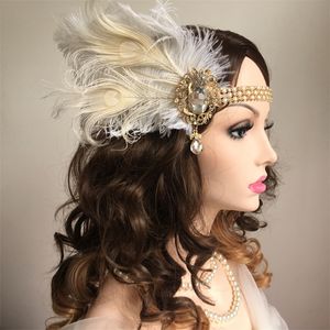 Hoofdbanden Dames Vintage Feather Hoofdband Wit metalen ketting 1920 Gatsby Party Headpiece for Carnival Accessories 220916