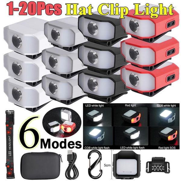 Faros delanteros 1-20 piezas, faro delantero con Clip para sombrero, 6 modos, faro LED COB, lámpara frontal con carga USB para exteriores, Camping, pesca, emergencia