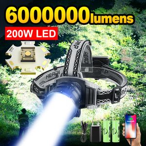 Hoofdlampen 6000000LM 200W LED Hoofdlamp Krachtige Hoofdlamp USB Oplaadkop Lantaarn 6000MAH Zaklamp Zoom 3000M Zaklamp Vissen Lamp 230727