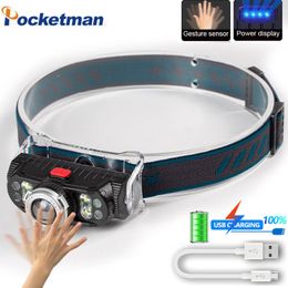 Koplampen 80000lm Motion Sensor Headlamp 7 LED -koplamp USB LADING Hoofdlamp Waterdichte Camping Vislicht Werk met magneet