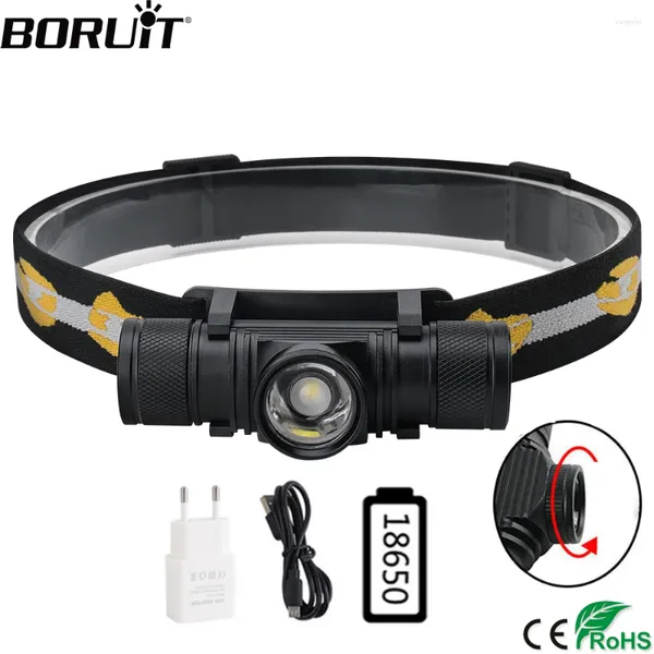 Faros BORUIT D20 Zoomable Mini Faro 3000LM Potente LED Faro USB Cargador 18650 Batería Cabeza Antorcha Camping Caza