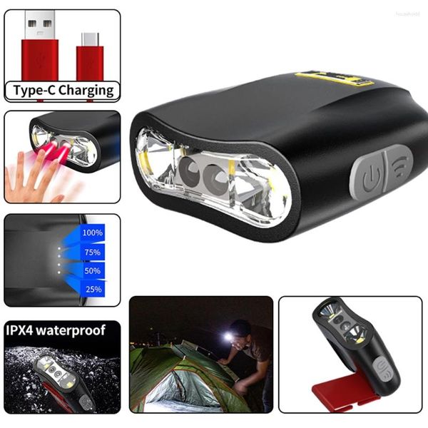 Faros IPX4 Clip impermeable en la tapa Tipo de luz C Sensor de movimiento recargable Visor Sombrero Mini luces ultra brillantes para senderismo