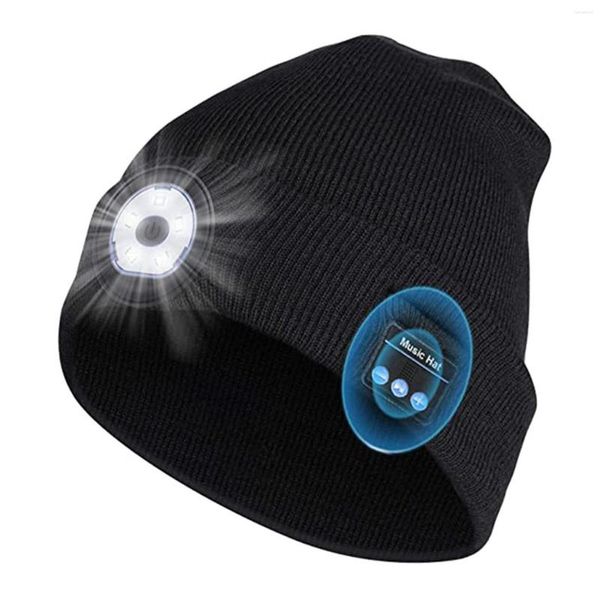 Lampes frontales Bonnet LED avec lumière Unisexe Rechargeable sans fil Bluetooth 5.0 Casque intelligent Casquette de lampe frontale Hiver Tricoté Chapeau éclairé de nuit