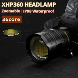 Lampes frontales les plus puissantes XHP360 36core D lampe frontale usb 18650 Rechargeab étanche Camping lampe de poche Zoomab Head Light Fishing Light HKD230719