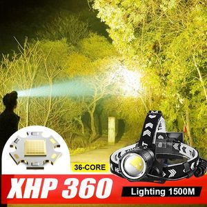 Faróis XHP360 Farol LED de alta potência Alto brilho USB recarregável Zoom IPX4 À prova d'água Farol de acampamento ao ar livre Lanterna de cabeça de trabalho