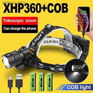 Koplampen XHP360 Krachtige LED-koplamp USB oplaadbare hoofdlamp XHP90 Superheldere krachtige koplamp 18650 Waterdichte hoofdzaklampL231226