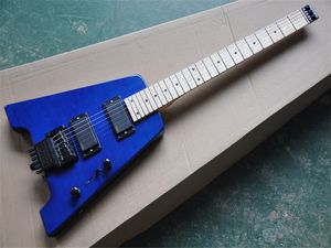 Guitarra eléctrica sin cabeza con cuerpo azul, 2 pastillas activas, herrajes negros, mástil de arce, brinda servicios personalizados